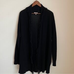Johnny Was Cardigan Black Fringe Wool Cashmere Open Knit Large Boho Western